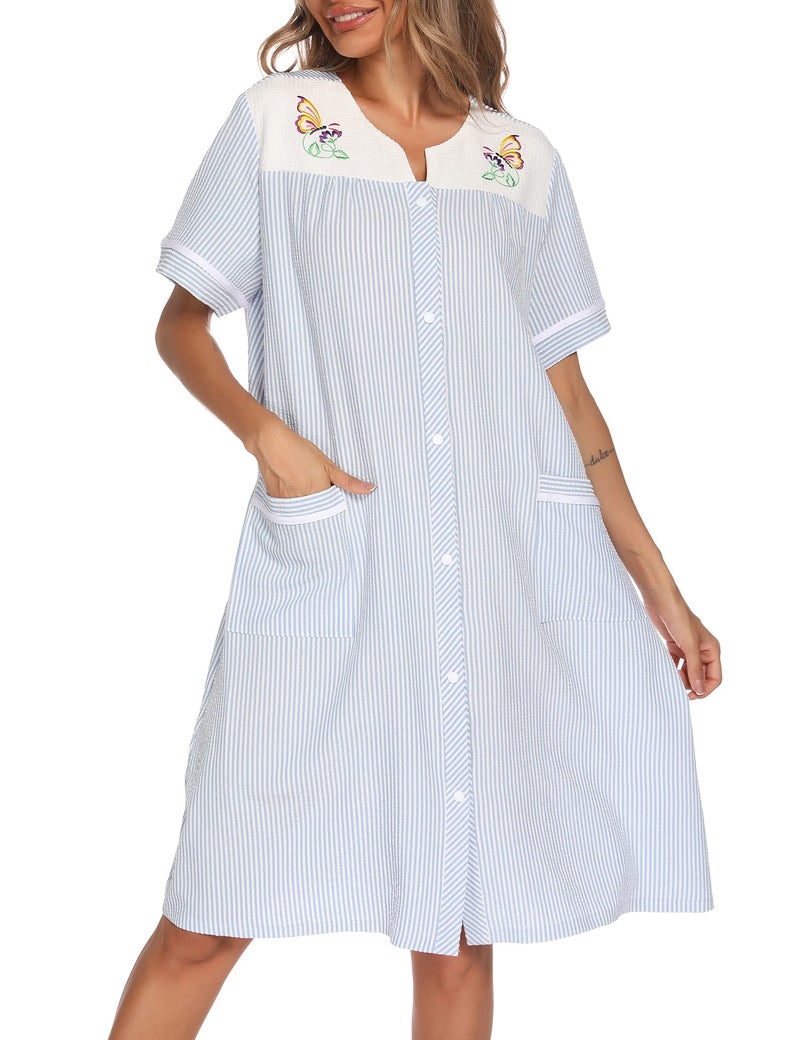 YOZLY Women Embroidered House Dress Short Sleeve Housecoat with Front Pockets Light Blue, Large - Image 2