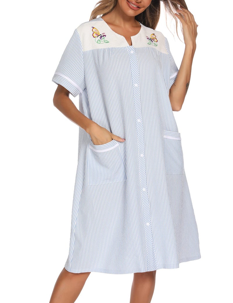 YOZLY Women Embroidered House Dress Short Sleeve Housecoat with Front Pockets Light Blue, Large - Image 3