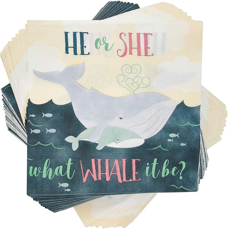 Blue Panda Whale He or She Paper Napkins for Gender Reveal Party (6.5 x 6.5 in, 100 Pack) - Image 1