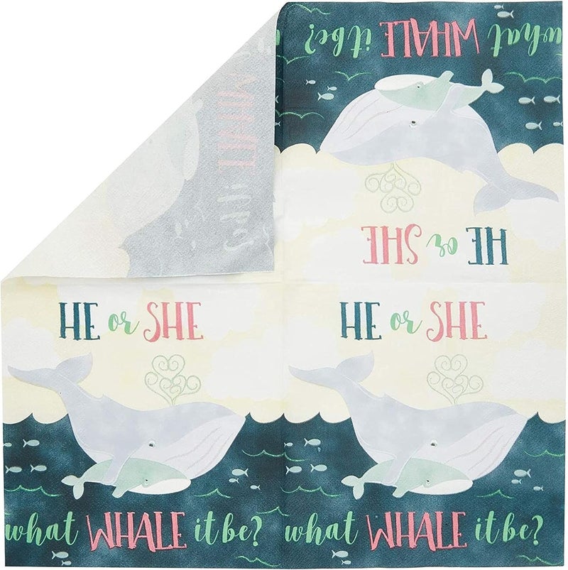 Blue Panda Whale He or She Paper Napkins for Gender Reveal Party (6.5 x 6.5 in, 100 Pack) - Image 2
