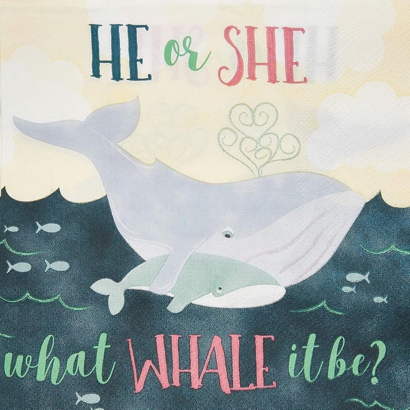 Blue Panda Whale He or She Paper Napkins for Gender Reveal Party (6.5 x 6.5 in, 100 Pack) - Image 3