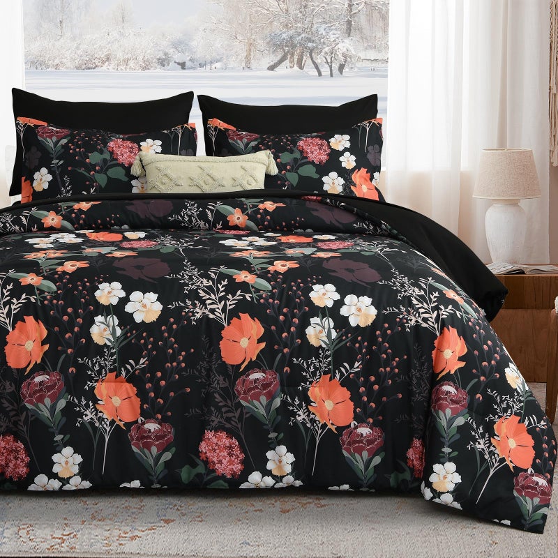 Yiran Black Red Floral Comforter Set Queen Size 7 Piece Winter Comforter Bedding Set Colorful Farmhouse Bed in a Bag Soft Microfiber Complete Bedding Set with Sheets for All Season