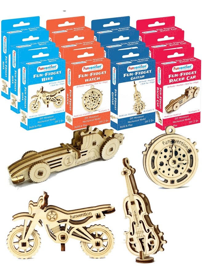 Funvention Fun Fidgets Assorted (3 x 4 DIY Miniature Mechanical Models Bike, Car, Guitar & Watch) Pack of 12 - Birthday Return Gifts Party Pack Return Favors for Kids Art & Craft STEM Learning Toys