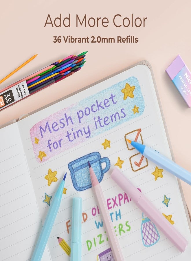 نيكبرو مجموعة أدوات مدرسية أنيقة من نيكبرو، 38 قطعة، تتضمن 12 قلم رصاص ميكانيكي باستيل بأحجام 0.5 و0.7 و0.9 و2.0 مم مع 516 سنًا، طقم أقلام رصاص ميكانيكية مع حافظة للكتابة للنساء والفتيات - Image 5