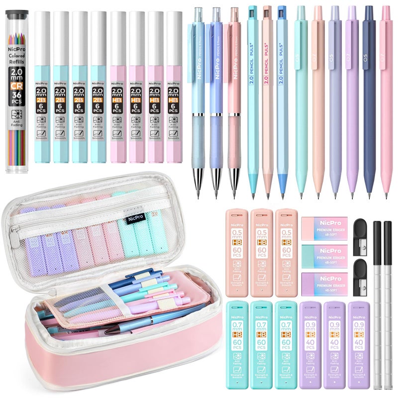 نيكبرو مجموعة أدوات مدرسية أنيقة من نيكبرو، 38 قطعة، تتضمن 12 قلم رصاص ميكانيكي باستيل بأحجام 0.5 و0.7 و0.9 و2.0 مم مع 516 سنًا، طقم أقلام رصاص ميكانيكية مع حافظة للكتابة للنساء والفتيات - Image 1