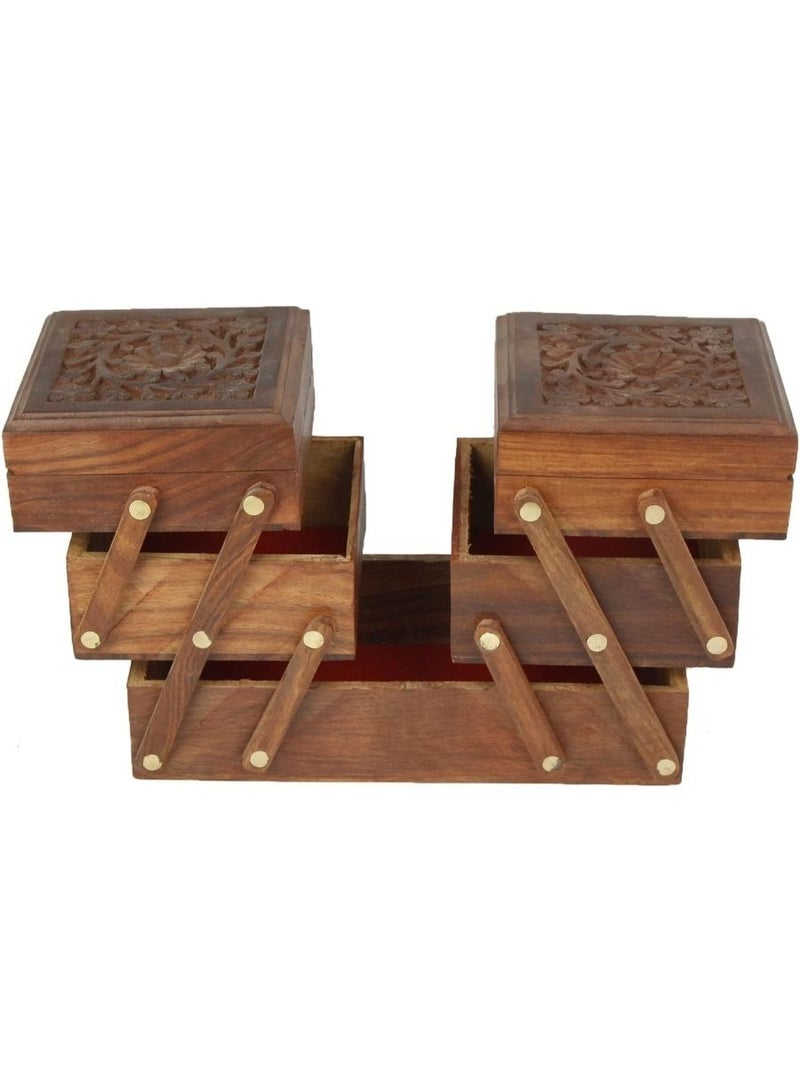 QUESERA صندوق مجوهرات خشبي مصنوع يدويًا للنساء منظم مجوهرات منحوت يدويًا - Image 3