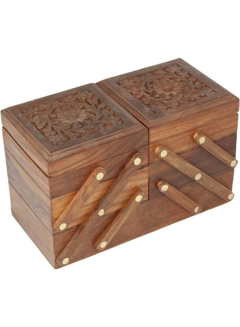 QUESERA صندوق مجوهرات خشبي مصنوع يدويًا للنساء منظم مجوهرات منحوت يدويًا - Image 1