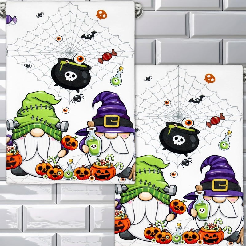 BASHOUT Halloween Kitchen Towels  2 Pcs Set Spooky Fun Halloween Gnomes  26 x 175 inch Large Size Dish or Tea Towels for Halloween Decor  Cobwebs Pumpkins  Potions Bathroom or Kitchen Towels - Image 1