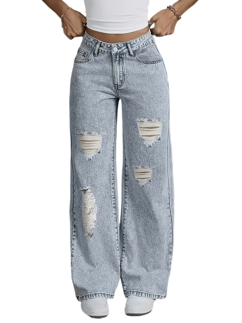 Elastic Straight Leg Wide Leg Loose Jeans with Rips Streetwear - Image 1
