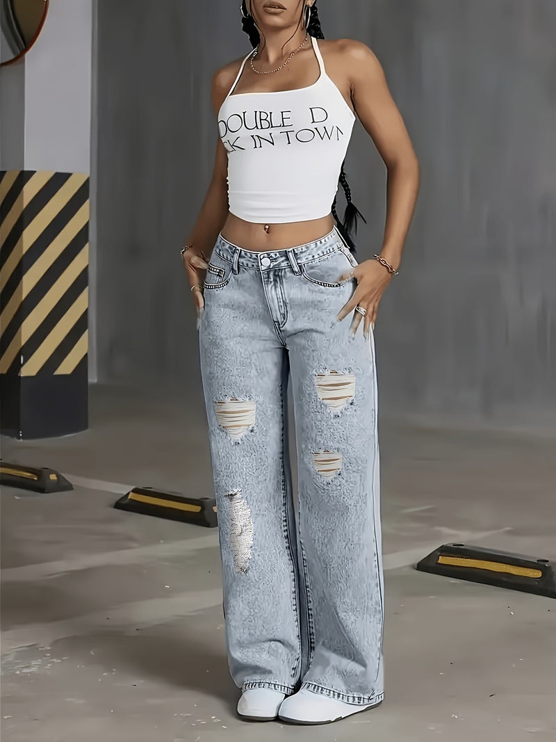 Elastic Straight Leg Wide Leg Loose Jeans with Rips Streetwear - Image 3