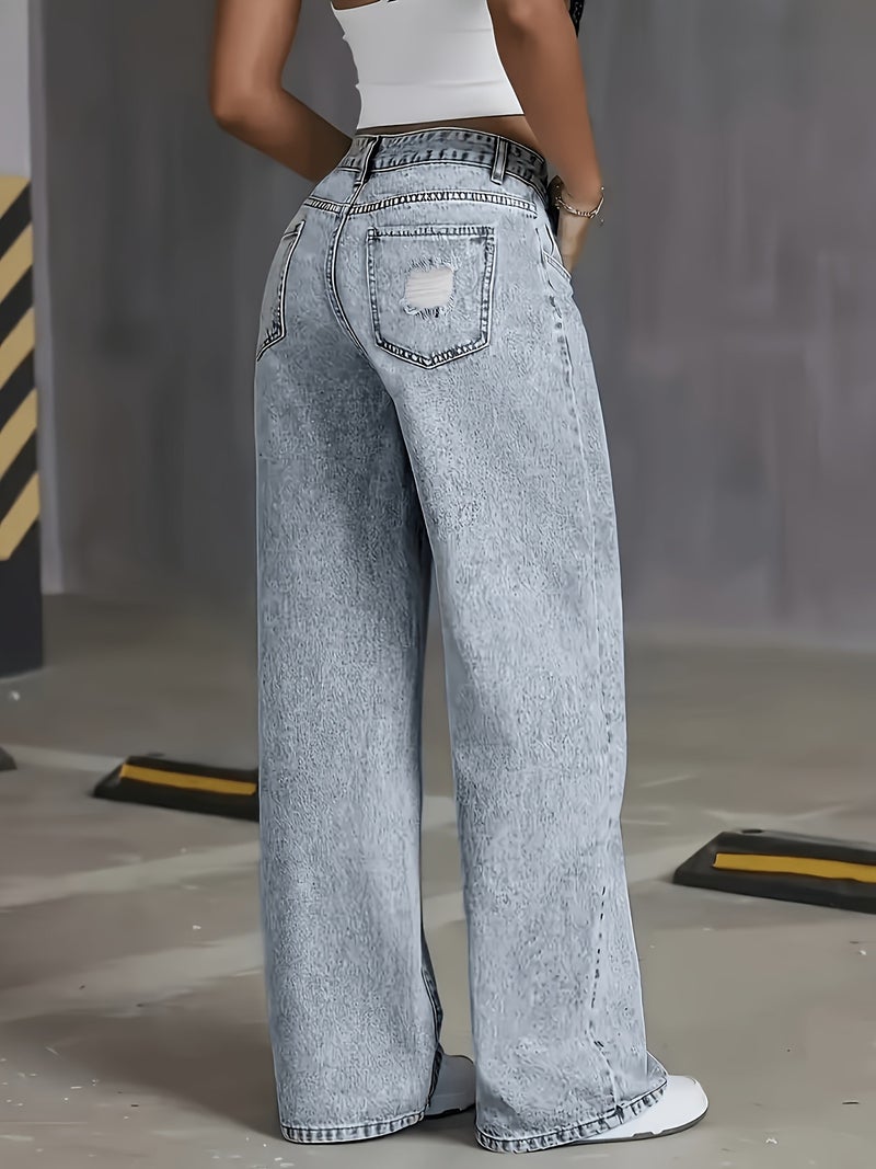 Elastic Straight Leg Wide Leg Loose Jeans with Rips Streetwear - Image 5