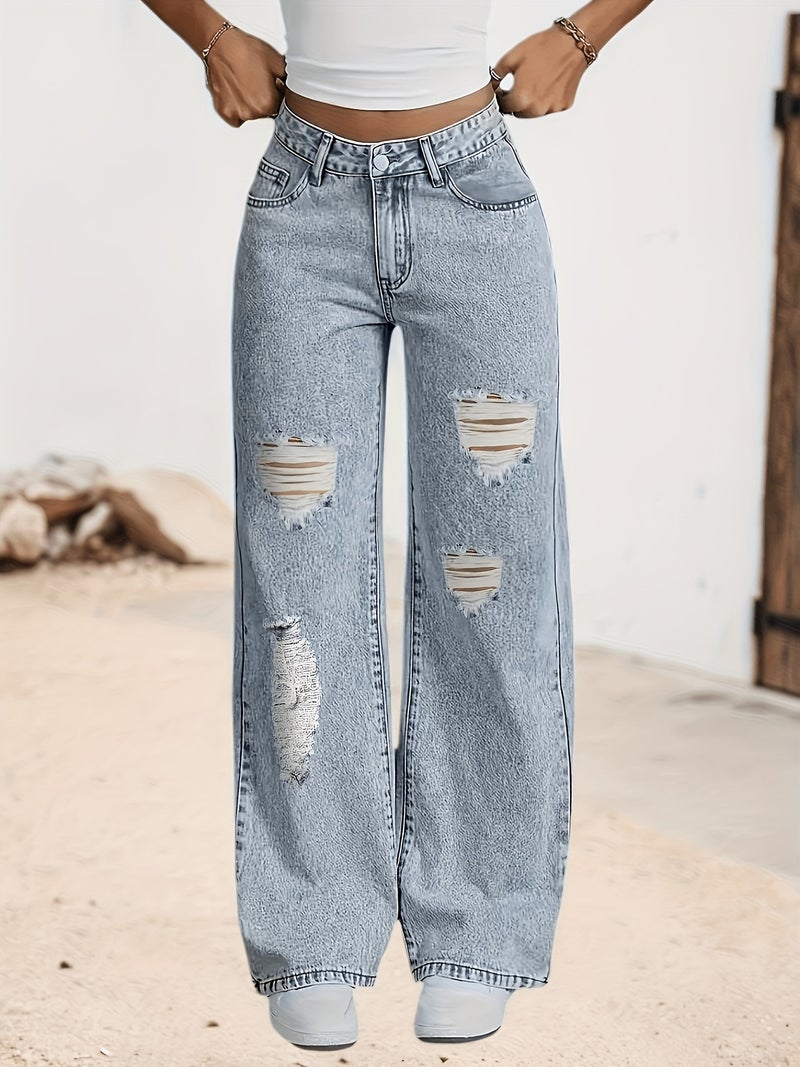 Elastic Straight Leg Wide Leg Loose Jeans with Rips Streetwear - Image 4