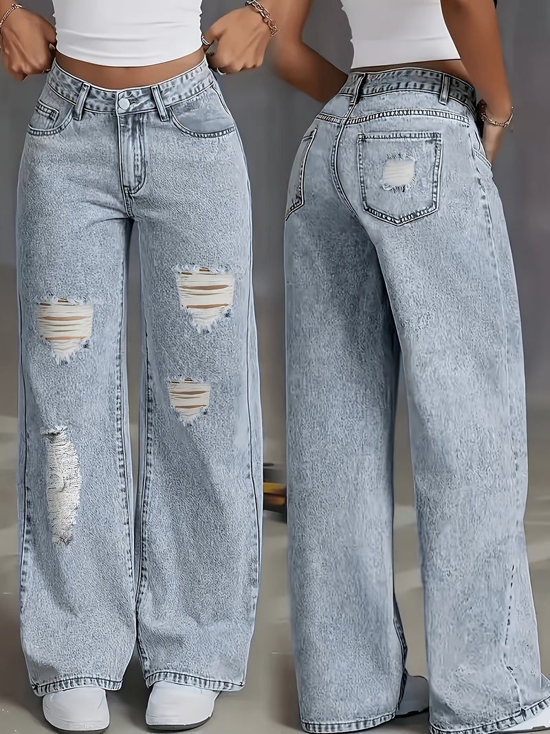 Elastic Straight Leg Wide Leg Loose Jeans with Rips Streetwear - Image 2