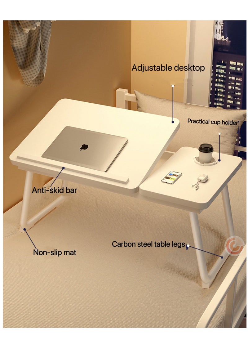 Adjustable Folding Laptop Bed Table, Bedside table，Portable Standing Desk, Foldable Lap Tablet Desk with Cup Holder for Bed Couch Sofa Floor (White)