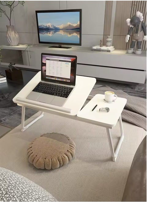 Adjustable Folding Laptop Bed Table, Bedside table，Portable Standing Desk, Foldable Lap Tablet Desk with Cup Holder for Bed Couch Sofa Floor (White)