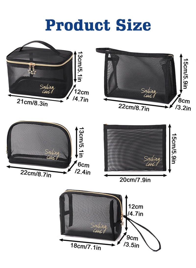 هومار كيت مجموعة حقائب مكياج، مجموعة حقائب مستحضرات تجميل، مجموعة حقائب سفر للمكياج وأدوات النظافة، مجموعة حقائب مكياج مكونة من 5 قطع، سعة كبيرة، شبكة شفافة سهلة الحمل والتنظيف، حقيبة سفر متعددة الوظائف مع حزام للتعليق، أسود - Image 2