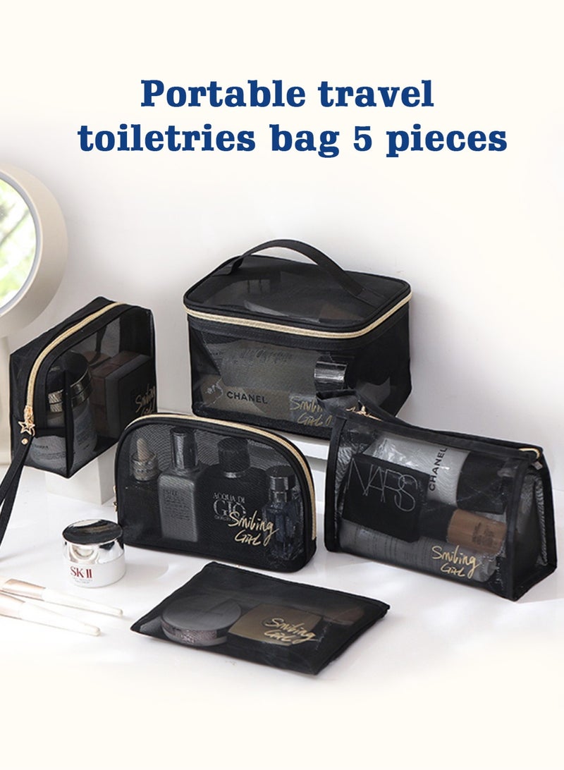 هومار كيت مجموعة حقائب مكياج، مجموعة حقائب مستحضرات تجميل، مجموعة حقائب سفر للمكياج وأدوات النظافة، مجموعة حقائب مكياج مكونة من 5 قطع، سعة كبيرة، شبكة شفافة سهلة الحمل والتنظيف، حقيبة سفر متعددة الوظائف مع حزام للتعليق، أسود - Image 3