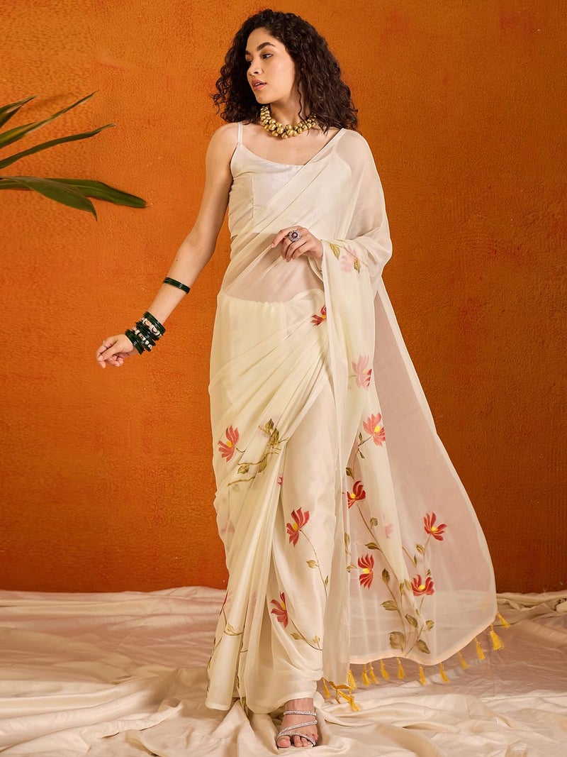 SAREE MALL Women's Off White Chiffon Botanical Printed Saree With Unstitched Blouse Piece (PAINTING102_SU) - Image 3
