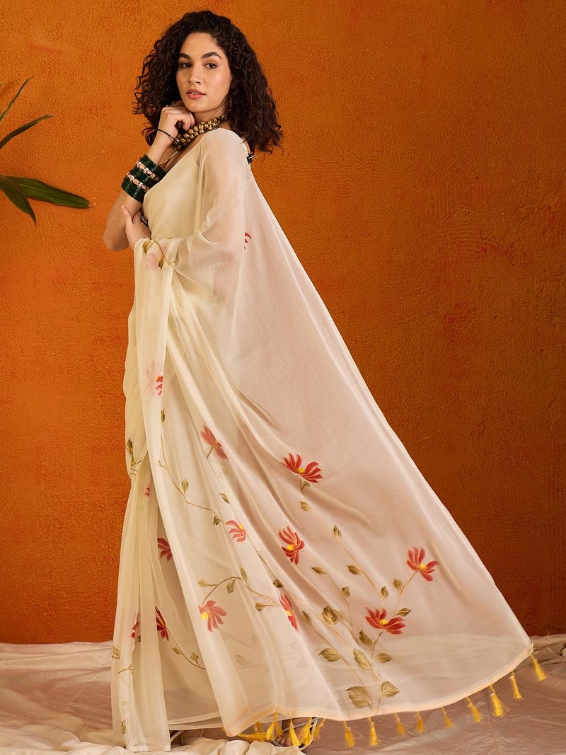 SAREE MALL Women's Off White Chiffon Botanical Printed Saree With Unstitched Blouse Piece (PAINTING102_SU) - Image 4