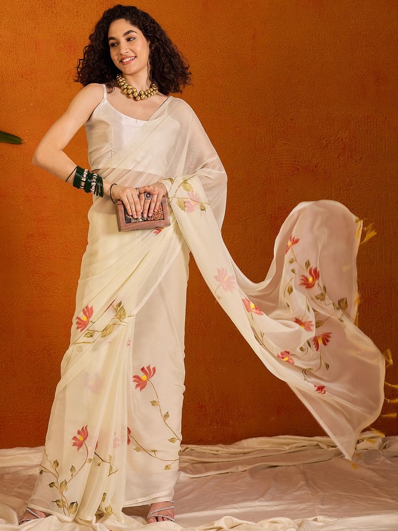 SAREE MALL Women's Off White Chiffon Botanical Printed Saree With Unstitched Blouse Piece (PAINTING102_SU) - Image 5