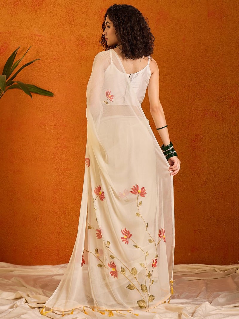 SAREE MALL Women's Off White Chiffon Botanical Printed Saree With Unstitched Blouse Piece (PAINTING102_SU) - Image 2