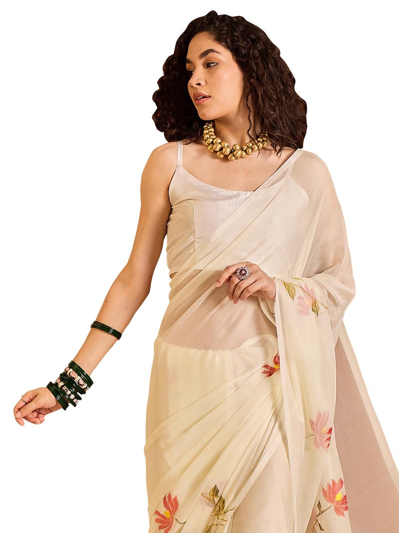 SAREE MALL Women's Off White Chiffon Botanical Printed Saree With Unstitched Blouse Piece (PAINTING102_SU) - Image 1