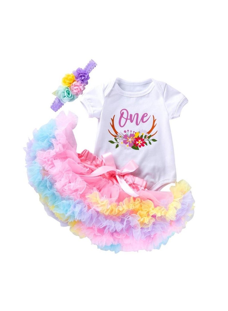 We Happy 3-Piece 1st Birthday Outfits Floral Romper Tulle Tutu Skirt Set - Image 1