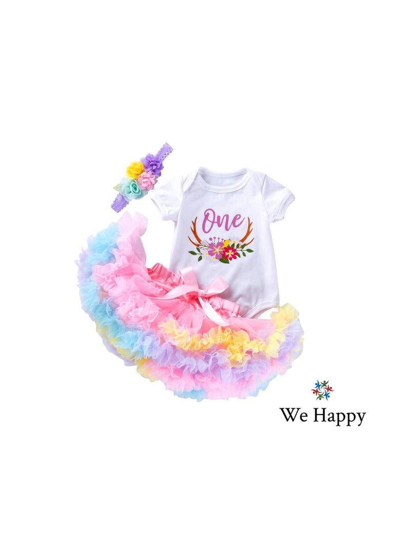 We Happy 3-Piece 1st Birthday Outfits Floral Romper Tulle Tutu Skirt Set - Image 2