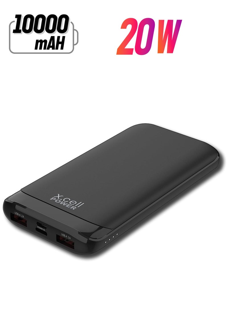 Xcell - Xcell Power Bank 10000mAh: High-Speed Charging, 20W Output, 50% Charge in 30 Minutes* - Type-C, Micro and USB Inputs. Compatible with Apple, Samsung & More-Black - Image 1