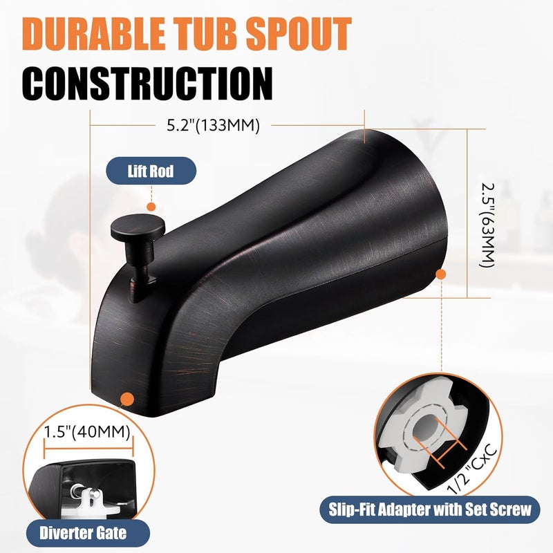 TEVIORA Tub Spout with Pull Down Diverter – Slip-Fit Bathtub Faucet Spout Replacement, 1/2” Copper Pipe Connection, Easy Installation, Universal for Bathroom Shower(Oil Rubbed Bronze) - Image 5
