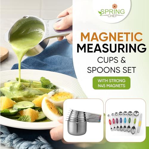 Spring Chef Magnetic Measuring Cups & Spoons Set, Patented, Strong N45 Magnets, Heavy Duty Stainless Steel Fits in Spice Jars for Baking & Cooking, BPA Free, Set of 15 with Leveler, Multicolor - Image 3