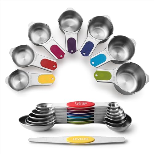 Spring Chef Magnetic Measuring Cups & Spoons Set, Patented, Strong N45 Magnets, Heavy Duty Stainless Steel Fits in Spice Jars for Baking & Cooking, BPA Free, Set of 15 with Leveler, Multicolor - Image 1