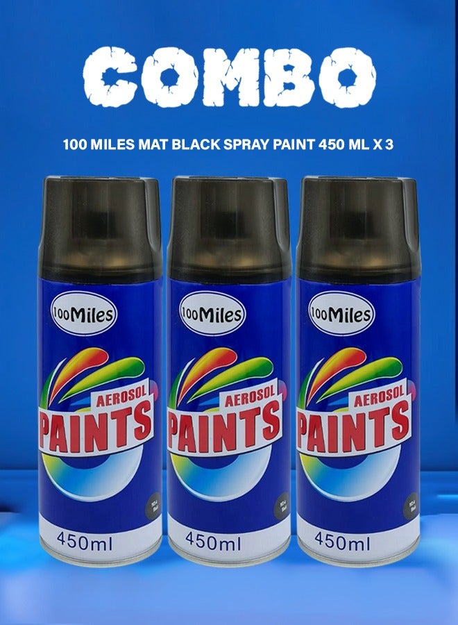 100Miles 3 pcs Spray Paint Bottle Aerosol Paints Mat Black 450ml  - 100 Miles - Image 1
