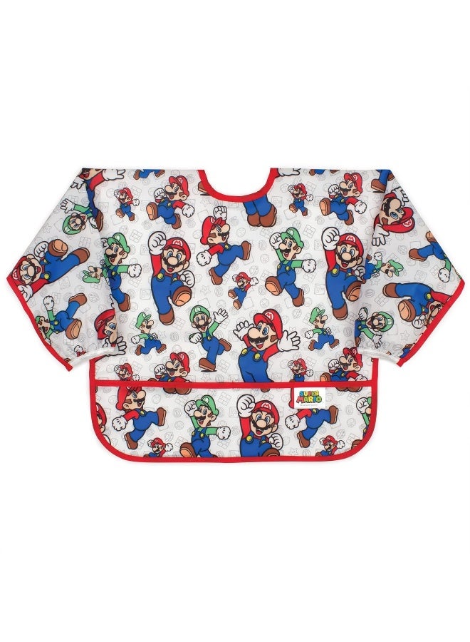 Bumkins Bibs, Baby and Toddler Girls and Boys 6-24 Months, Long Sleeve, Essential Must Have for Eating, Feeding, Mess Saving Lightweight Waterproof Fabric Sleeved Smock, Nintendo Mario and Luigi - Image 1