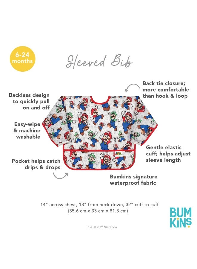 Bumkins Bibs, Baby and Toddler Girls and Boys 6-24 Months, Long Sleeve, Essential Must Have for Eating, Feeding, Mess Saving Lightweight Waterproof Fabric Sleeved Smock, Nintendo Mario and Luigi - Image 5