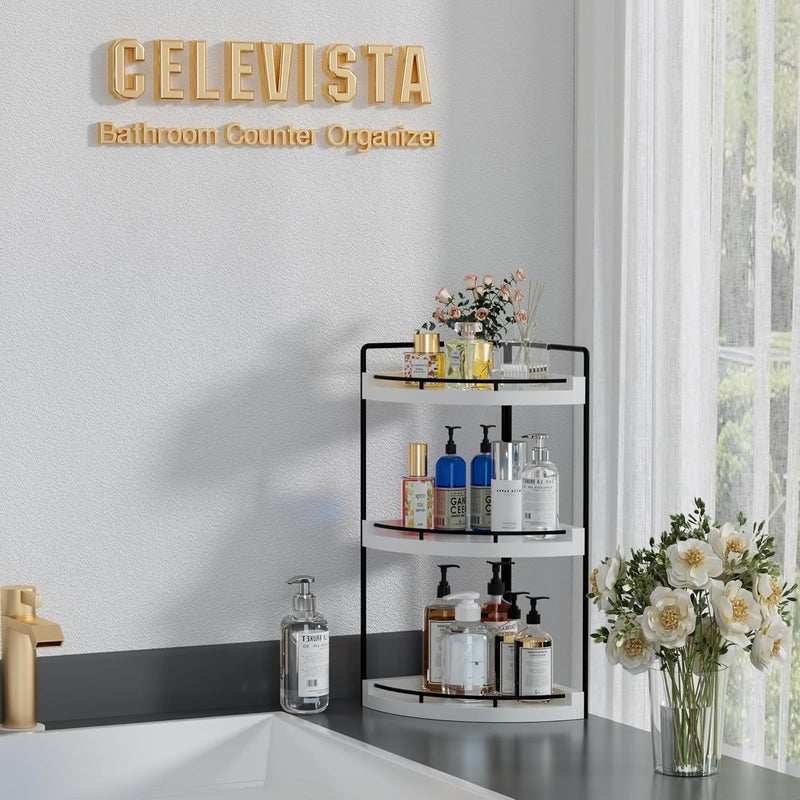 CeleVista Corner Bathroom Counter Organizer, 3 Tier Bathroom Sink Shelf Countertop, Wood Vanity Skincare Storage for Toiletries Decor, Makeup, Dresser (White) - Image 2