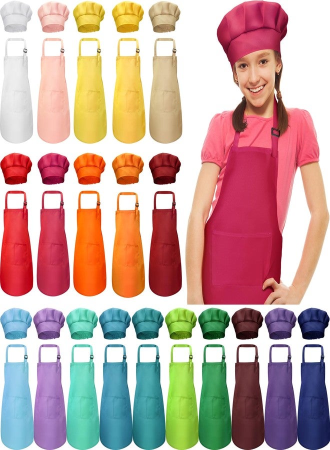 Handepo 40 Pcs Kids Apron Chef Hat Set Boys Girls Aprons Chef Children's Bib Apron Hats Bulk for Cooking Painting 7-13 Years(Mixed Color) - Image 1