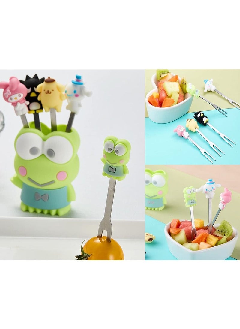Y&D Fruit Fork Salad Fork, Stainless Steel Kids Food Holder Reusable Decorative Cute 5 Cartoon Forks and 1 Big Eyed Frog Slicone  - Image 1