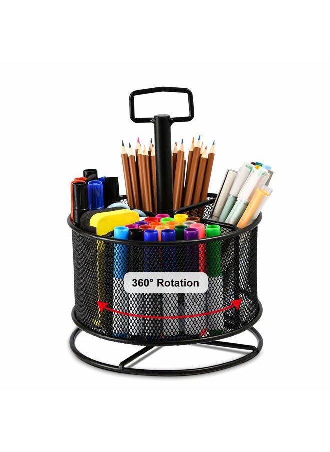 Marbrasse Mesh Desk Organizer, 360-Degree Rotating Multi-Functional Pen Holder, 4 Compartments Desktop Stationary Organizer, Home Office Art Supply Storage Box Caddy (Black)  - Image 1
