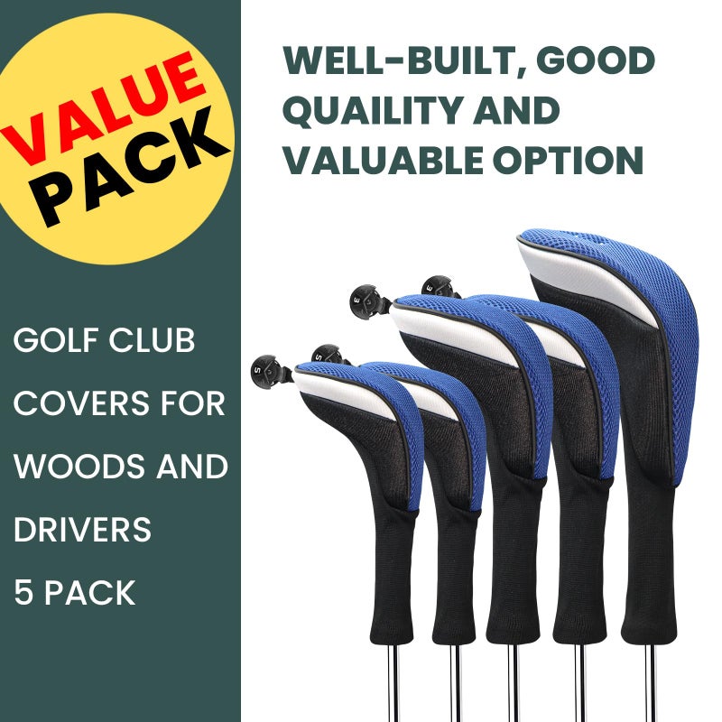 FINGER TEN Golf Club Head Covers Woods Driver Fairway Hybrid 3/4/5 Set, Headcovers Men 1 3 5 7 X Interchangeable Number Tag, Fit All Wood Clubs (5 Pack-Blue(1D+2F+2H)) - Image 2
