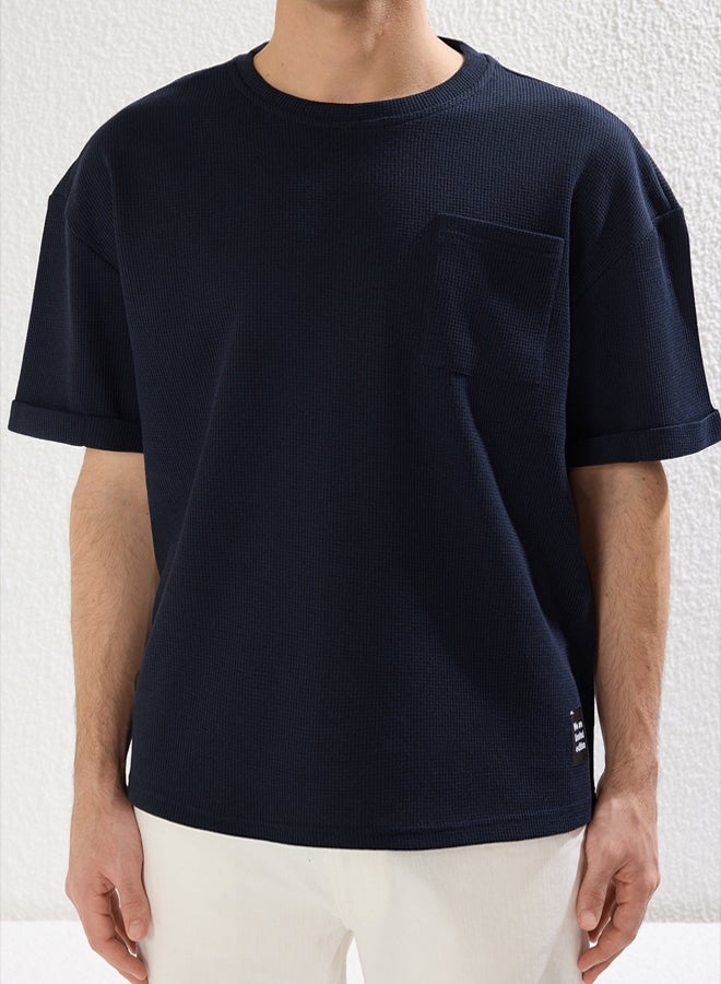 trendyol Basic Navy Blue Relaxed Textured Cut Waffles Pocket Labeled Short Sleeve T-shirt - Image 4
