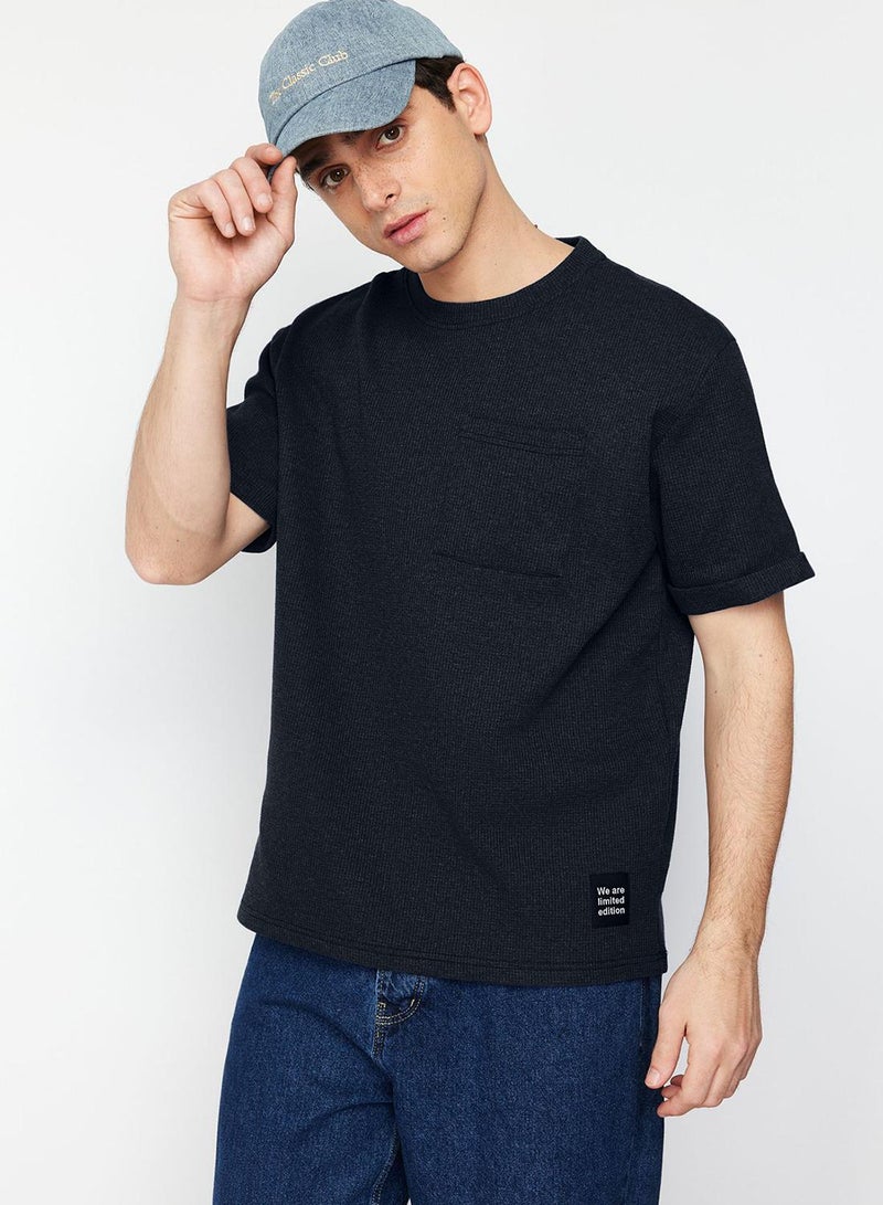 trendyol Basic Navy Blue Relaxed Textured Cut Waffles Pocket Labeled Short Sleeve T-shirt - Image 5