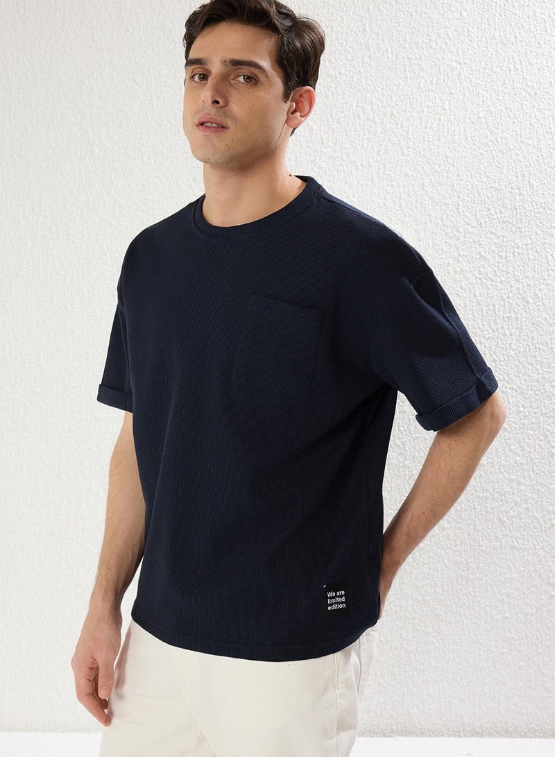 trendyol Basic Navy Blue Relaxed Textured Cut Waffles Pocket Labeled Short Sleeve T-shirt - Image 3