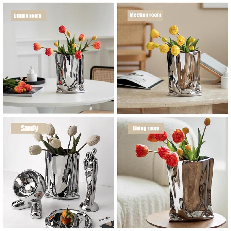 KatoonX Ceramic Silver Flower Vase, Crinkle Paper Shape, Metal Decorative Home Accent (Large) - Image 5