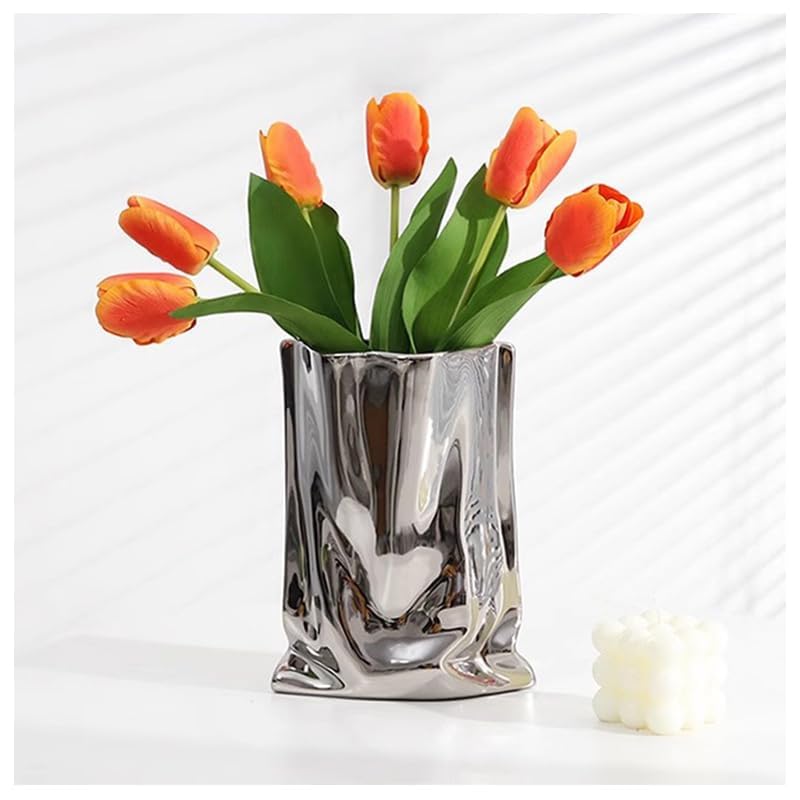 KatoonX Ceramic Silver Flower Vase, Crinkle Paper Shape, Metal Decorative Home Accent (Large) - Image 2