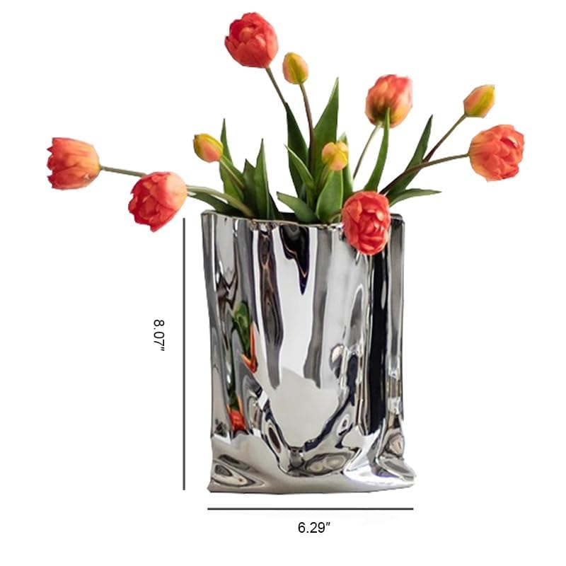 KatoonX Ceramic Silver Flower Vase, Crinkle Paper Shape, Metal Decorative Home Accent (Large) - Image 3