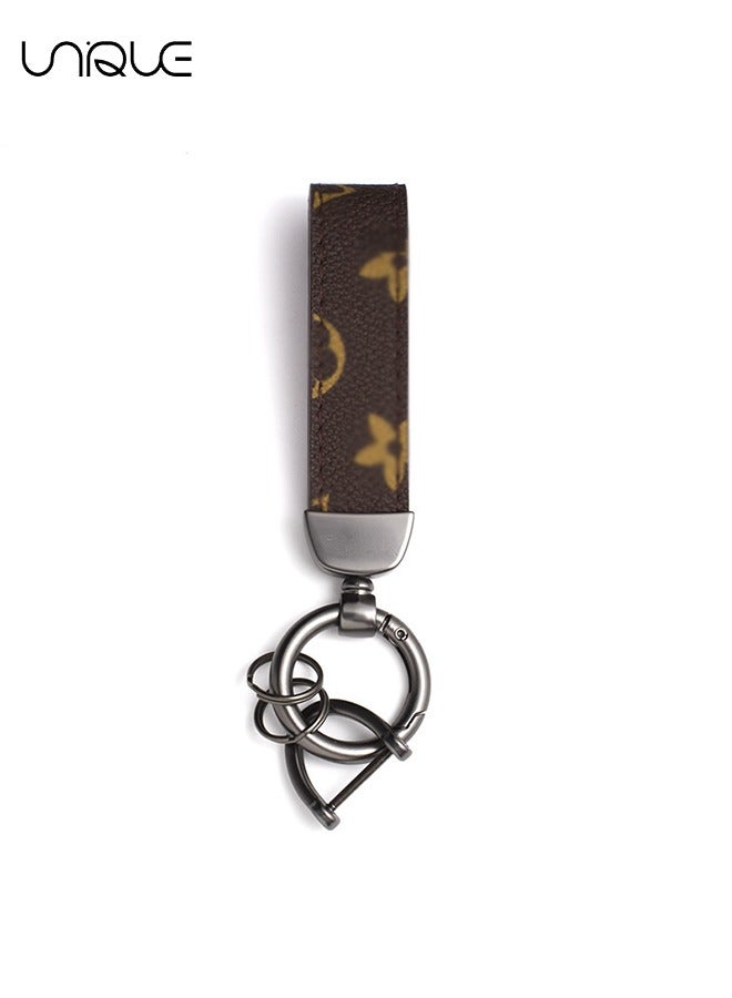 Unique Keychain - Car PU Leather Metal Keychain - Zinc Alloy Ring 360° Swivel Car Universal Wrist Strap Key School Bag Car Decoration Pendant (Brown)