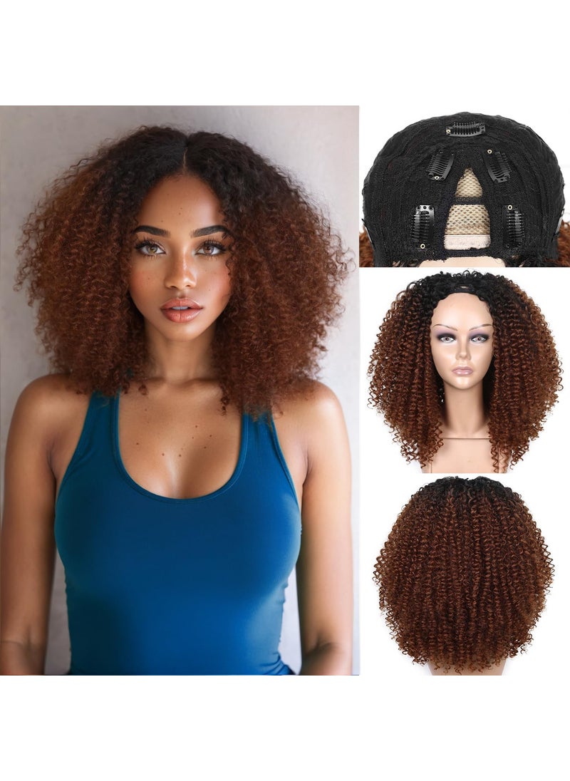 Quantum Love - Quantum Love V part Curly Wigs Afro Curly Twist Out African American Wig for Black Women Afro Bomb Ombre Brown Kinky Curly Synthetic Glueless Wig 16 Inches - Image 1
