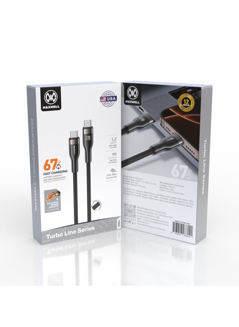 ماكسويل للالكترونيات كابل ماكسويل توربو لاين سيريز USB-C إلى USB-C للشحن السريع 67W (1.2 متر)، متوافق مع iPhone 16 Pro Max، Samsung Galaxy S25، iPhone 15 Pro Max، وغيرها. كابل محبوك من النايلون للشحن السريع 67W ونقل البيانات - Image 2