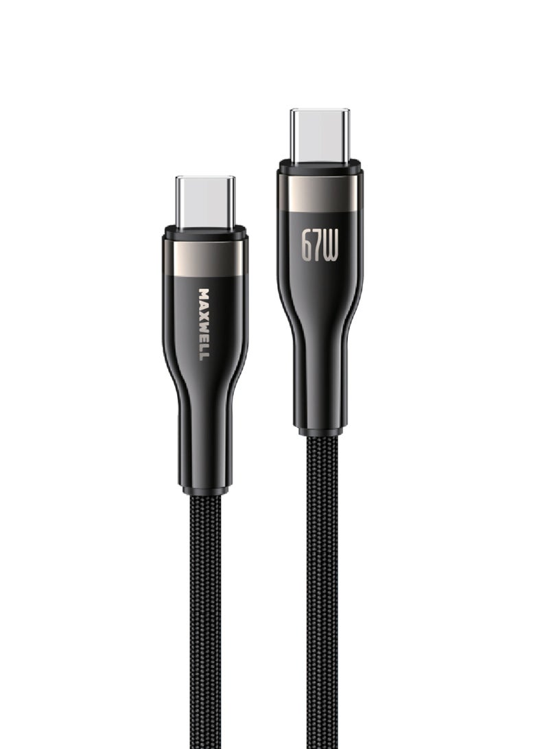 ماكسويل للالكترونيات كابل ماكسويل توربو لاين سيريز USB-C إلى USB-C للشحن السريع 67W (1.2 متر)، متوافق مع iPhone 16 Pro Max، Samsung Galaxy S25، iPhone 15 Pro Max، وغيرها. كابل محبوك من النايلون للشحن السريع 67W ونقل البيانات - Image 1